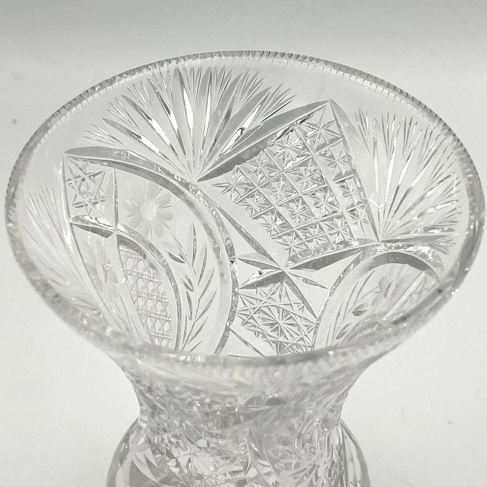 American Brilliant Cut Crystal Vase Star Pinwheel Hobstar Waisted Form c.1900